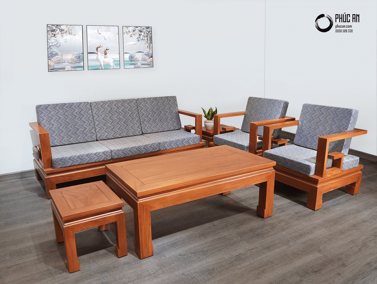 Salon - Sofa gỗ Gõ mẫu Quốc Thịnh (6 món) - Nệm vải - NỘI THẤT PHÚC AN -  Nội Thất và Đồ Gỗ Cao Cấp